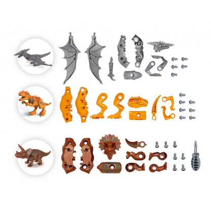 Assorted dinosaur construction parts and accessories in gray, orange, and brown