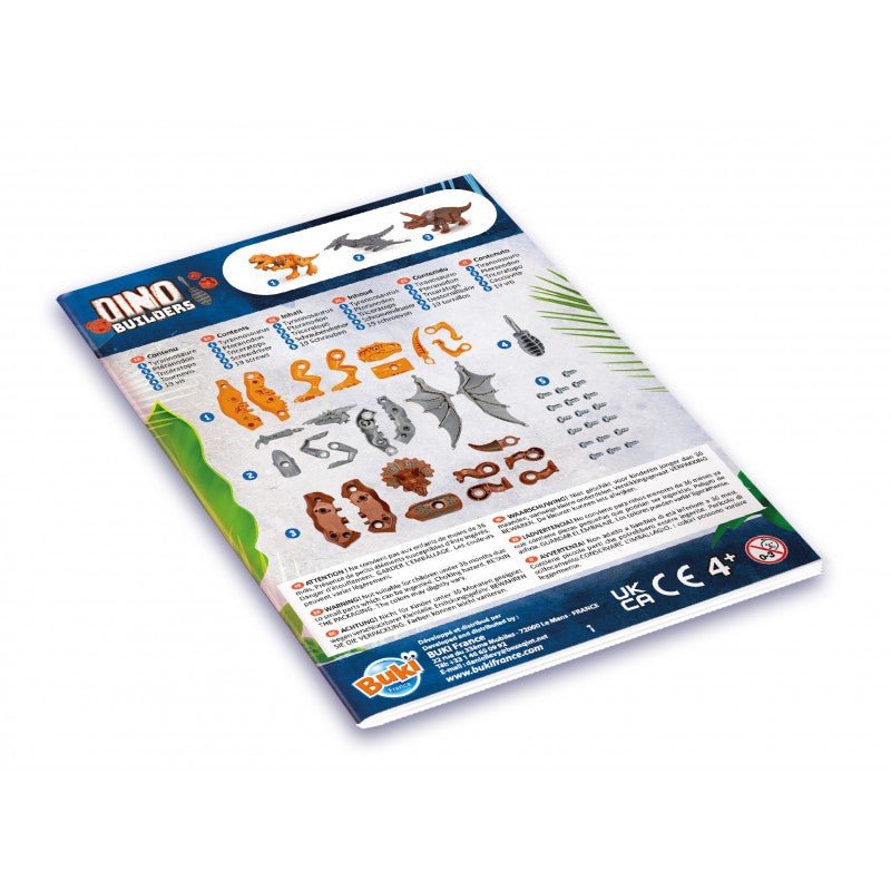 Dinosaur model instruction sheet with assembly diagrams and parts list