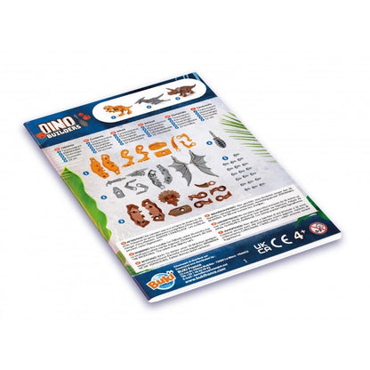 Dinosaur model instruction sheet with assembly diagrams and parts list