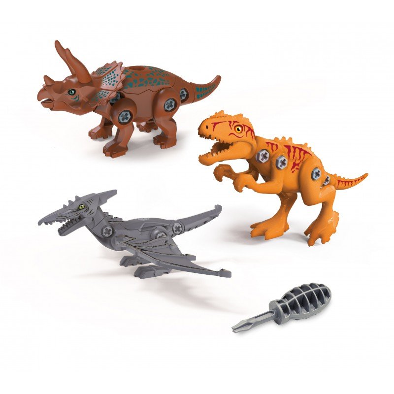Plastic dinosaur building models in brown, orange, and gray with snap-together parts