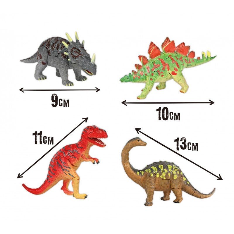 Set of four painted dinosaur figures in gray, green, red, and tan