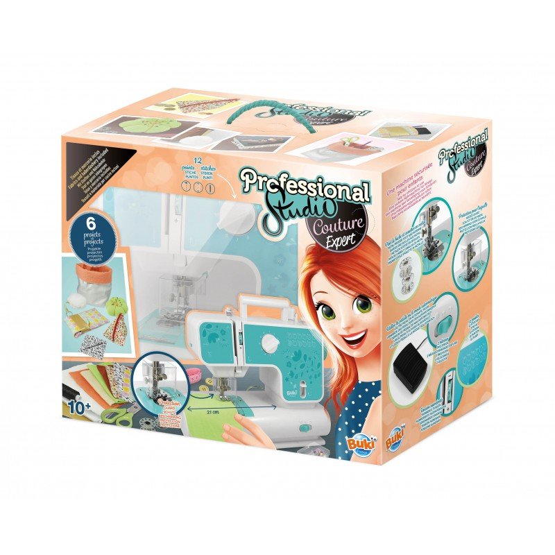 Professional Studio sewing kit box showing a teal-and-white desktop sewing machine