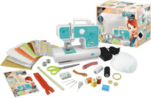 Kids sewing machine kit with teal-and-white desktop sewing machine and accessories