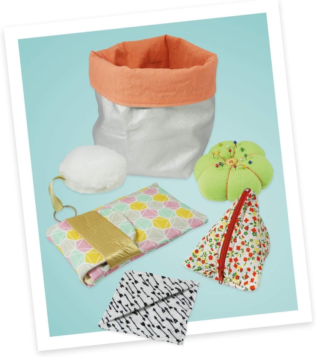 Sewing project set with a fabric pouch, pincushion, and assorted folded cloth pieces