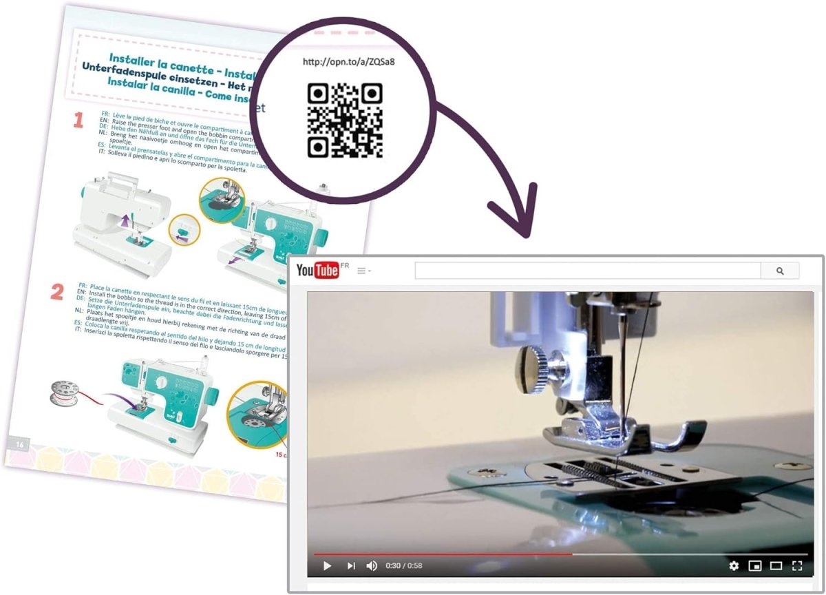 Instruction booklet page with QR code and close-up of sewing machine stitching