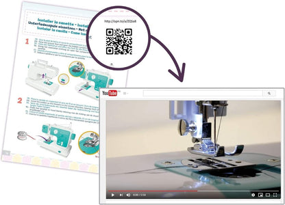 Instruction booklet page with QR code and close-up of sewing machine stitching