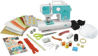Teal-and-white sewing machine with fabric swatches, thread, bobbins, scissors, and clips