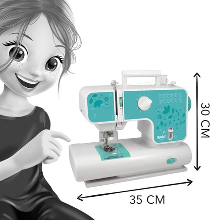 Teal-and-white children’s sewing machine with size markings and feed-plate area