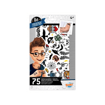 Rock-themed wash-off temporary tattoos, 75 colorful designs on sheets
