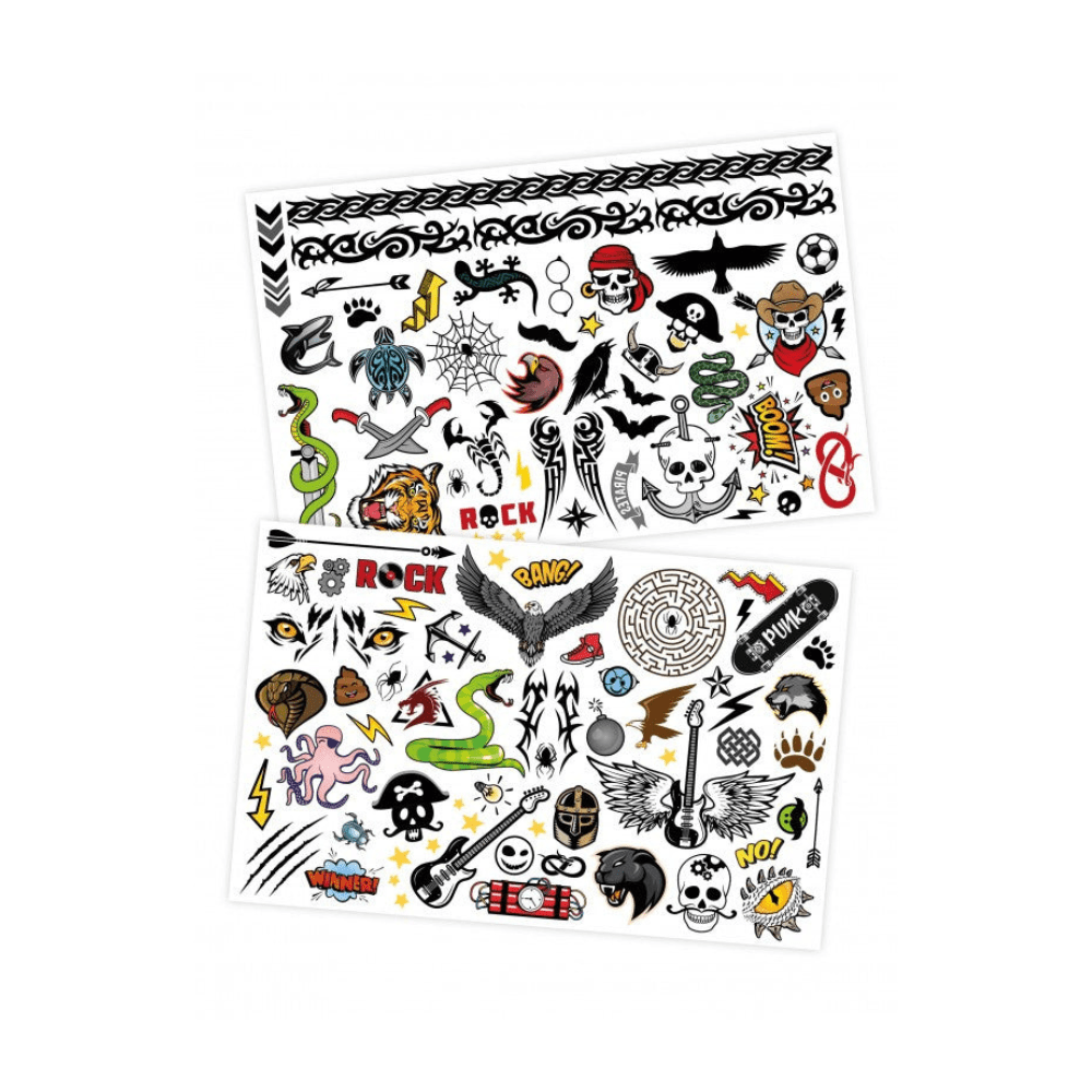 Rock-themed temporary tattoo sheets with skull, guitar, spider, and star icons