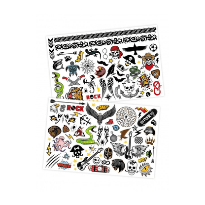 Rock-themed temporary tattoo sheets with skull, guitar, spider, and star icons