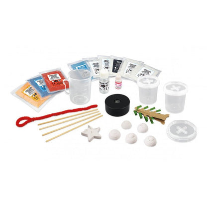 Crystal growing kit accessories: cups, powder packets, bottles, wooden sticks, star molds
