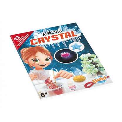 Crystal growing kit instruction booklet cover with child illustration and crystal images