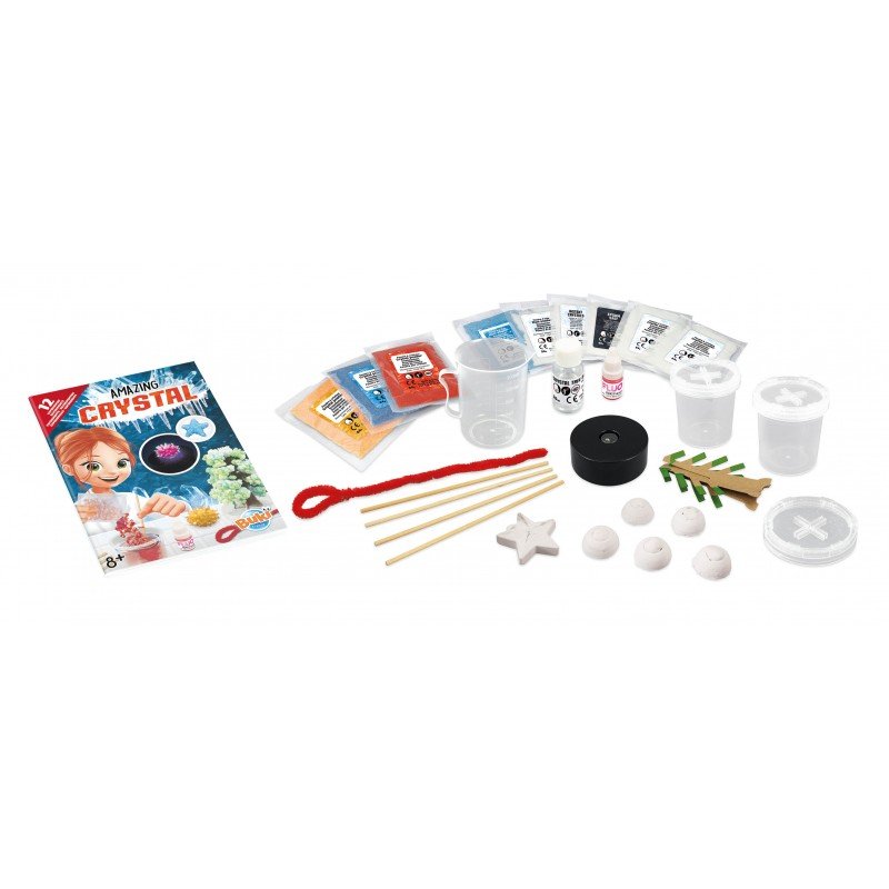 Crystal growing kit set with booklet, cups, bottles, sticks, star mold, and crystal seeds