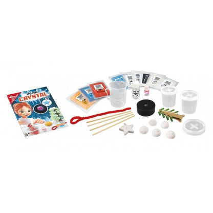 Crystal growing kit set with booklet, cups, bottles, sticks, star mold, and crystal seeds