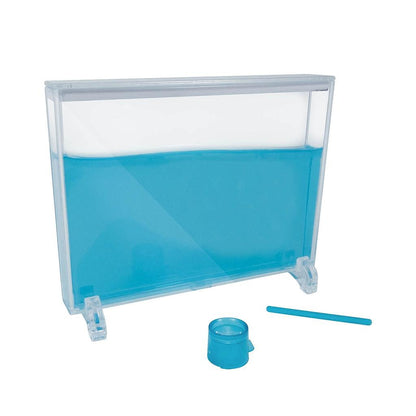 Clear terrarium enclosure with blue base, small blue cup, and stick accessory