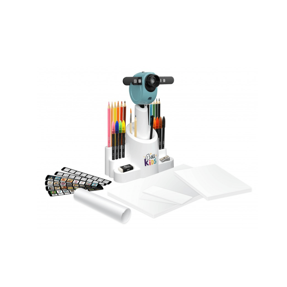 2-in-1 drawing projector with turquoise head, colored pencils, and blank drawing sheets