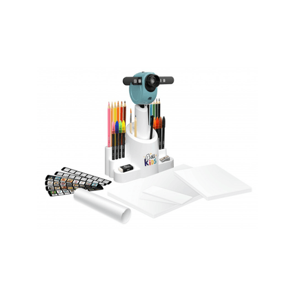 2-in-1 drawing projector with turquoise head, colored pencils, and blank drawing sheets