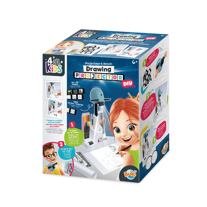 2-in-1 drawing projector gift box showing projector, stencil slides, and crayons