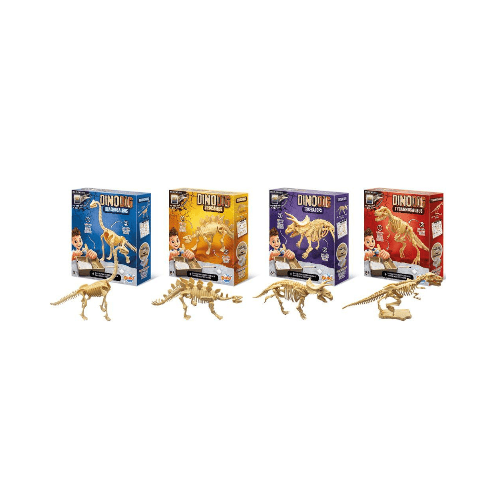 Dino Dig kit boxes with multiple dinosaur themes: blue, yellow, purple, red