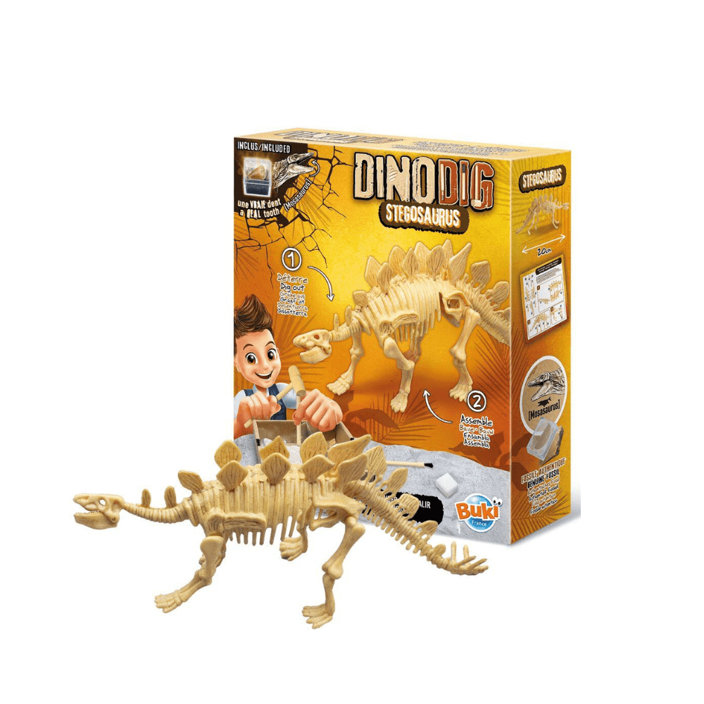 Dino Dig excavation kit box with stegosaurus fossil skeleton and pieces