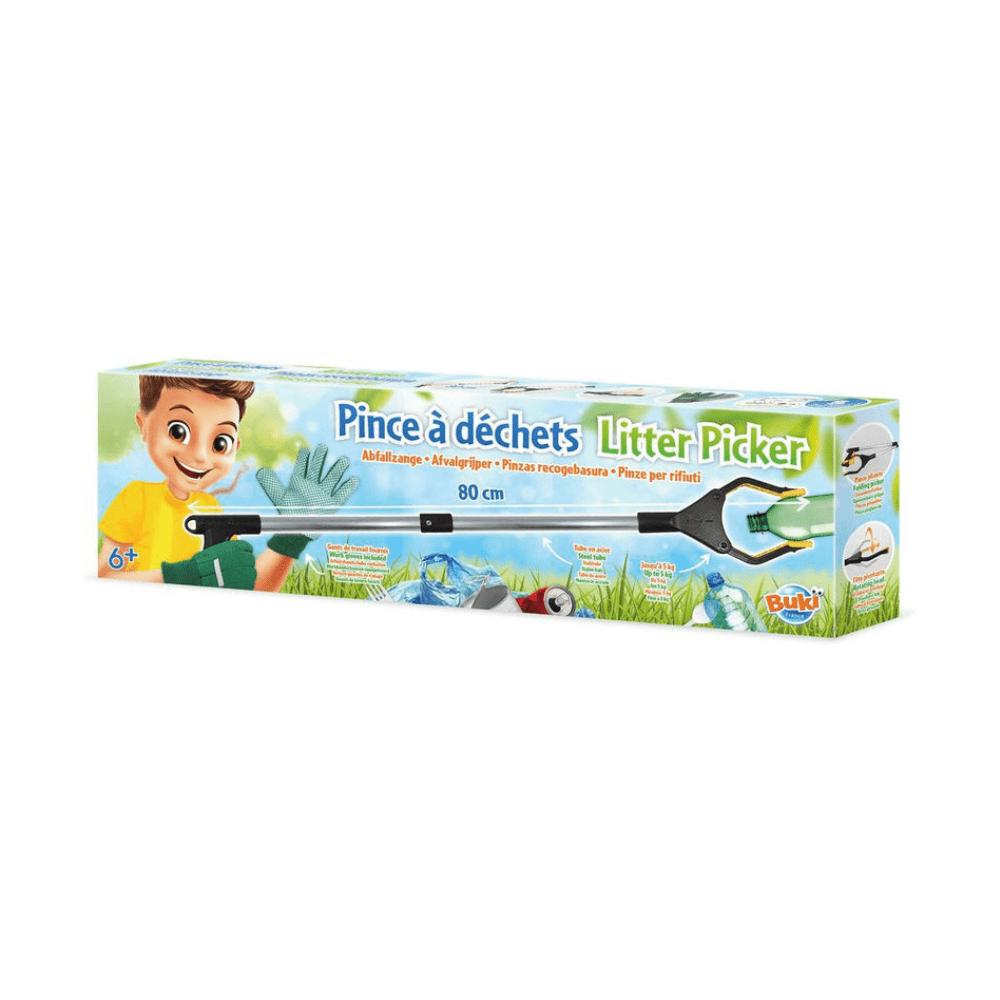 Litter picker toy set retail box with illustrated grabber and gloves
