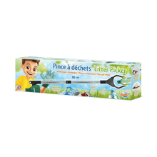 Litter picker toy set retail box with illustrated grabber and gloves