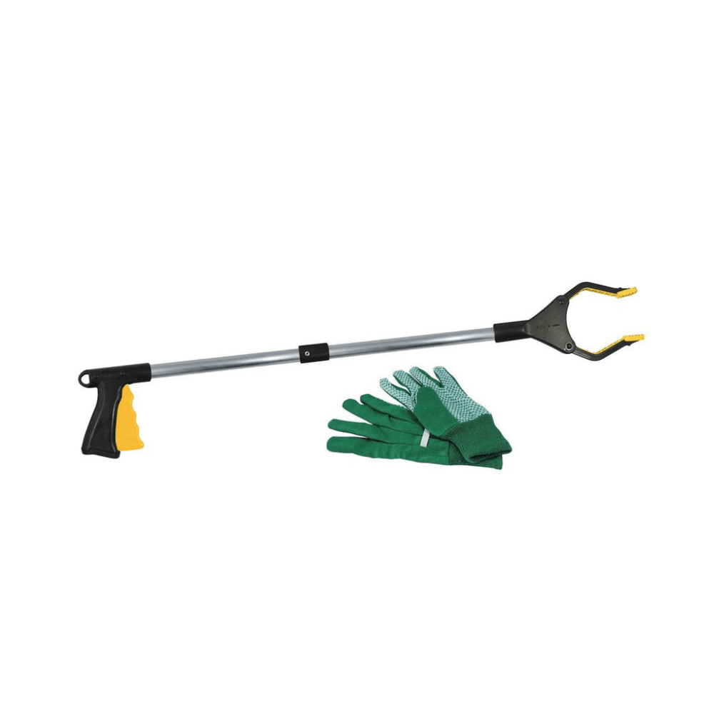 Litter picker grabber tool with green cleaning gloves