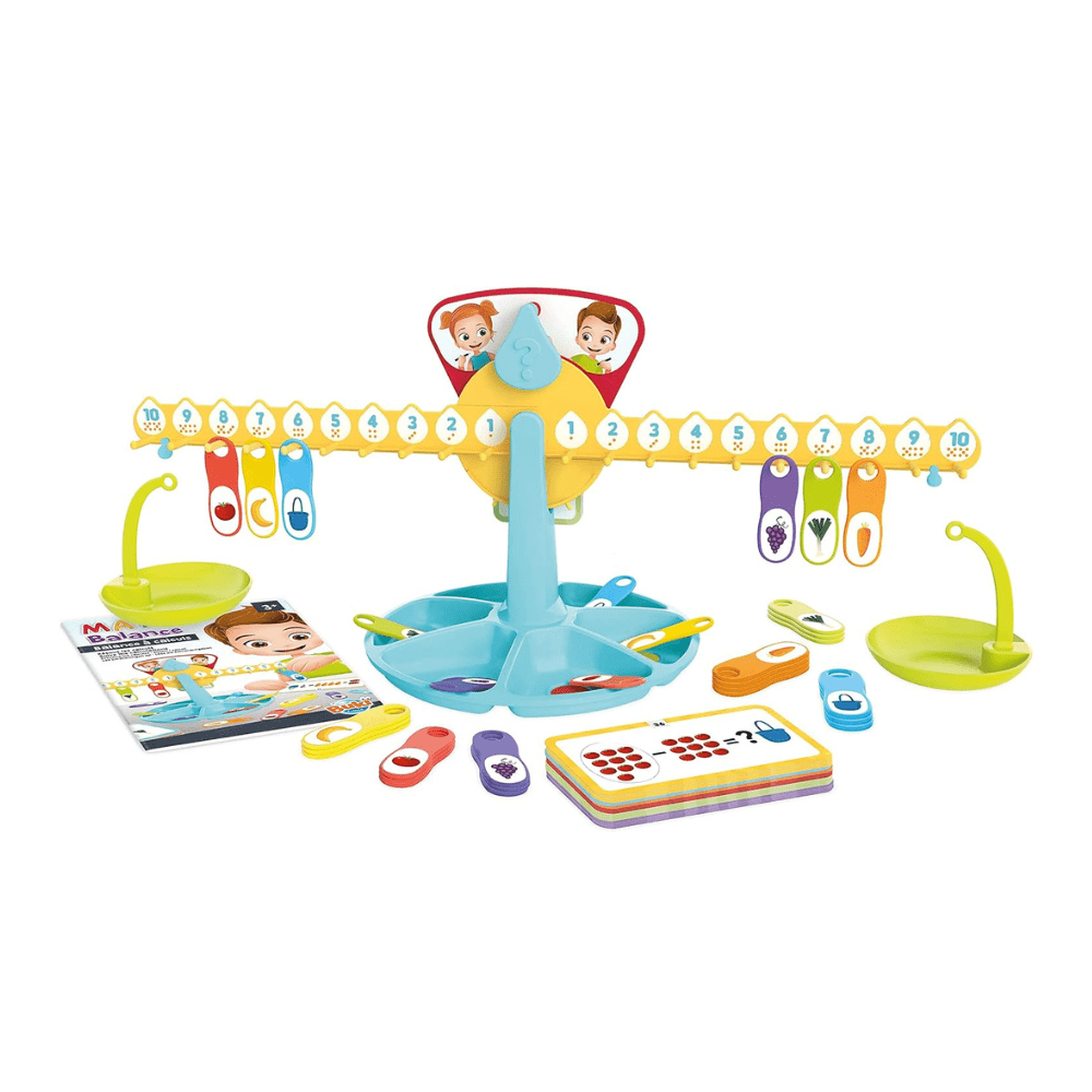 Maths balance learning scale tabletop set with blue balance base and number cards