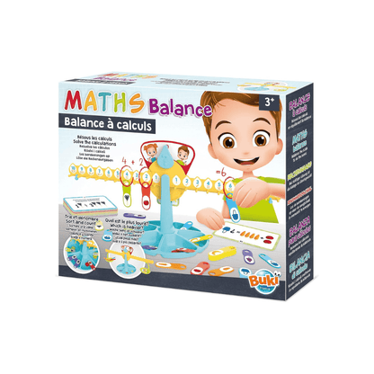 Maths balance learning scale retail box with blue and yellow balance pieces