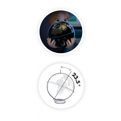 Globe light toy use with globe in hands and 23.5° angle diagram