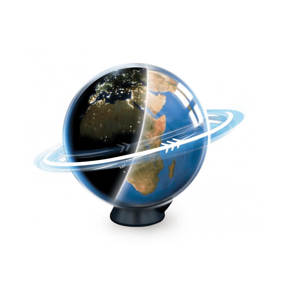 Globe light toy with rotating dark blue globe and glowing orbit ring stand