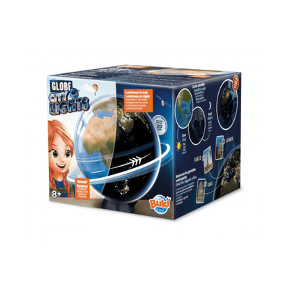 Globe light toy in retail box, rotating city lights design