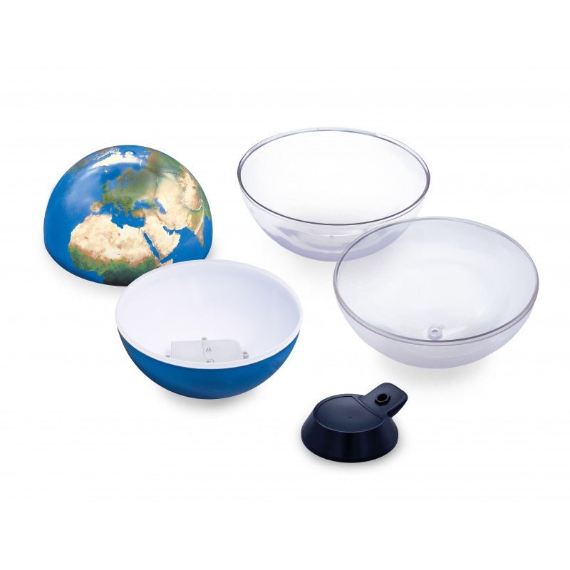 Globe light toy parts: blue globe shell, clear domes, and base