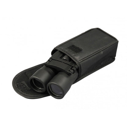 Black binoculars with a protective case and attached strap