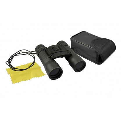 Black binoculars with carrying case, neck strap, and included cleaning cloth