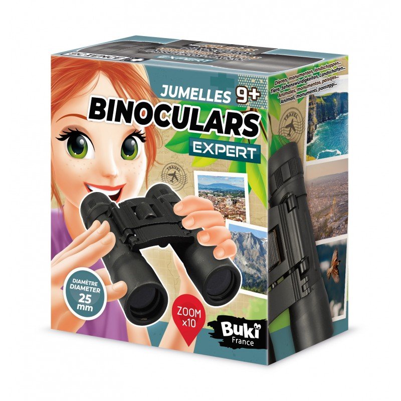 Kids expert binoculars retail box showing black binoculars and lens details