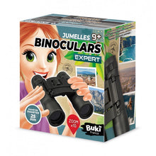 Kids expert binoculars retail box showing black binoculars and lens details