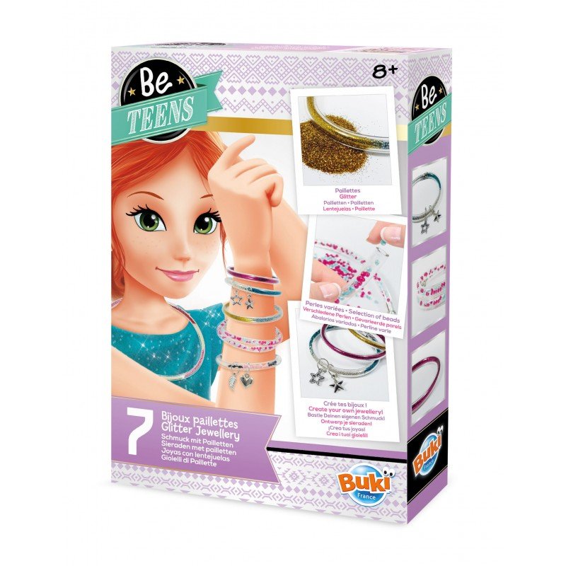 Glitter jewelry making kit in purple box with bracelet and earring supplies shown