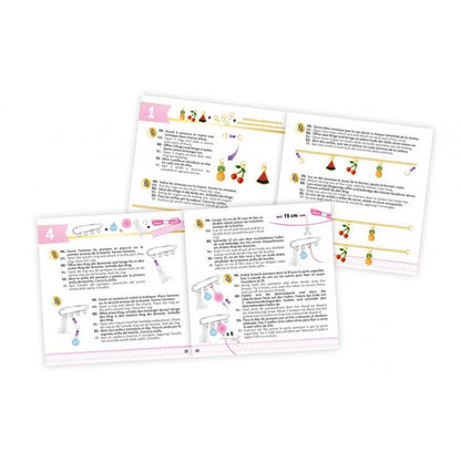 Jewelry making instruction booklet with step-by-step diagrams and charm assembly