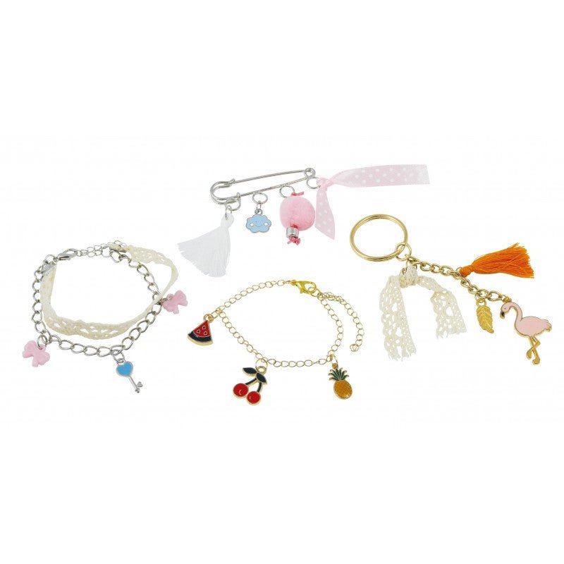 Charm jewelry set: bracelets, earrings, and keychain with tassels and fruit charms