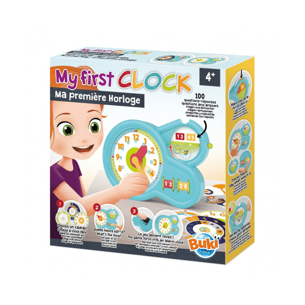 Children's learning clock toy in turquoise box with illustrated kid and clock face