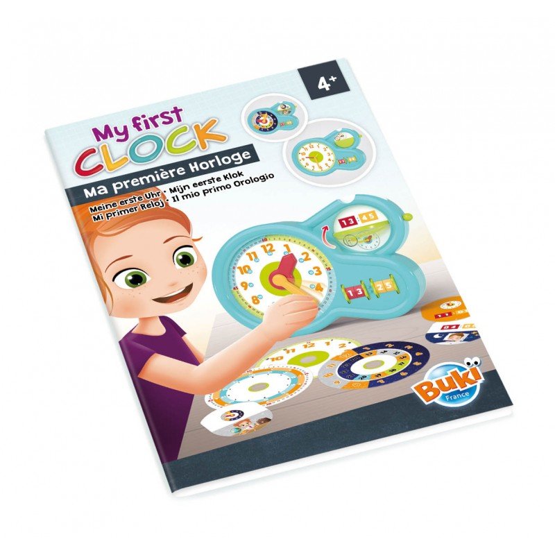 Retail box for children's learning clock with turquoise clock and smiling child