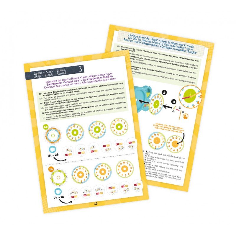 Learning clock instruction sheets with multiple clock-face diagrams and numbered tasks