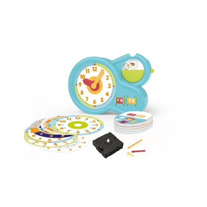 Turquoise learning clock toy with clock face, pieces, cards, and black base module