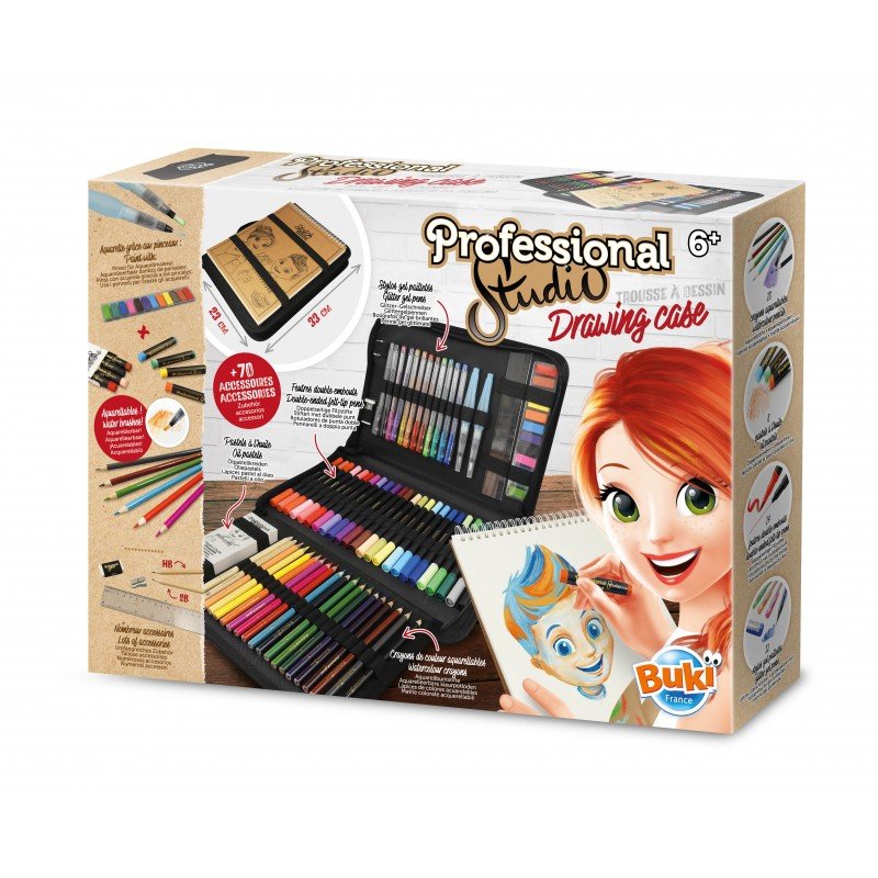 Professional studio drawing kit box by Buki, with colored pencils and markers