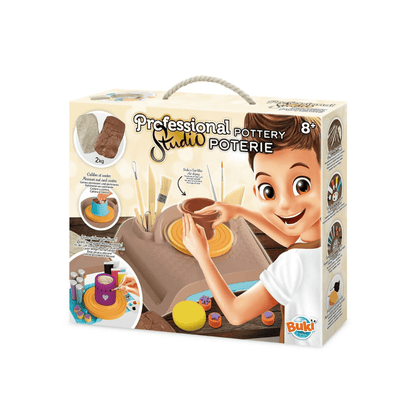 Pottery studio kit box with illustrated child and pottery tools, ages 8+