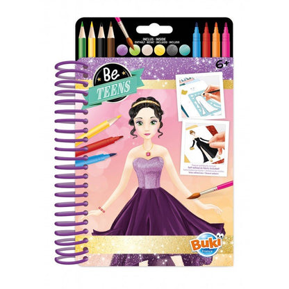 Evening dress sketchbook cover with girl in purple glitter dress