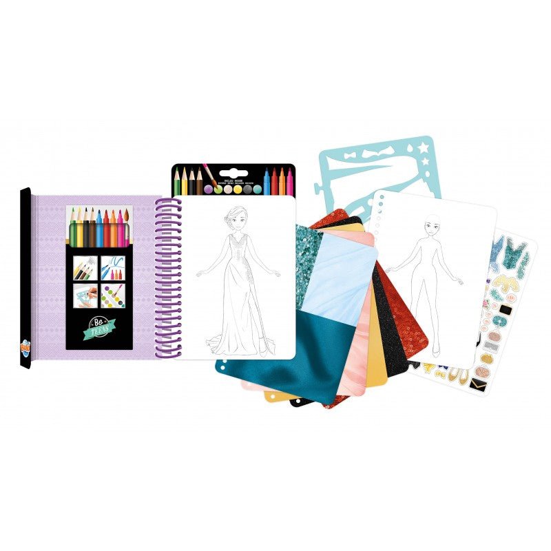 Evening dress sketchbook pages with dress templates and colorful markers