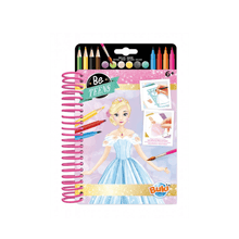 Princess dress sketchbook set with blue gown character, crayons, and accessories
